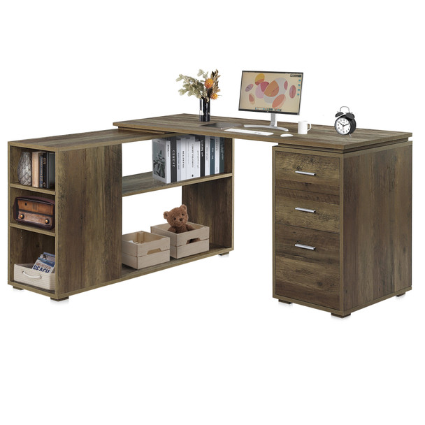 New L Shaped Computer Desk Home Office Corner Desk Open Shelves Drawers, Rustic Oak