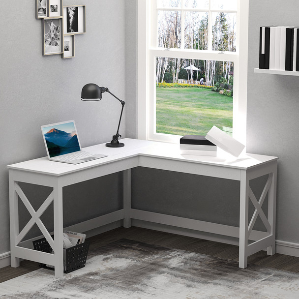 New 57' Home Office L Shaped Corner Writing Desk Table Workstation - White