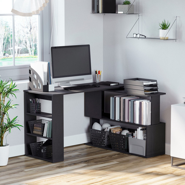 New 360° Rotating Home Office Corner Desk and Storage Shelf Combo L-Shaped Table