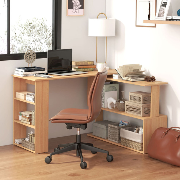 New 360° Rotating Home Office Corner Desk and Storage Shelf Combo L-Shaped Table - Maple