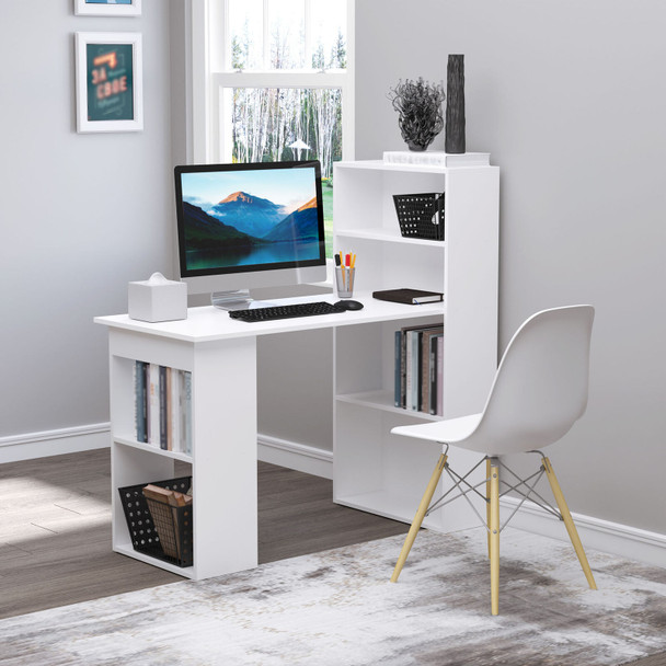 New 47' Modern Home Office Desk w/ 6-Tier Shelves, Writing Table w/ Bookshelf White