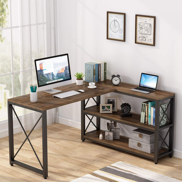 New Reversible L-Shaped Study Writing Computer Desk with Storage Shelves Home Office