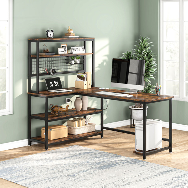 New L Shaped Desk Computer Desk with Wireless Charging Function for Home Office - Rustic Brown