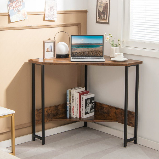 New Triangle Corner Computer Desk Workstation w/ USB Ports& Power Outlet for Office - Rustic Brown