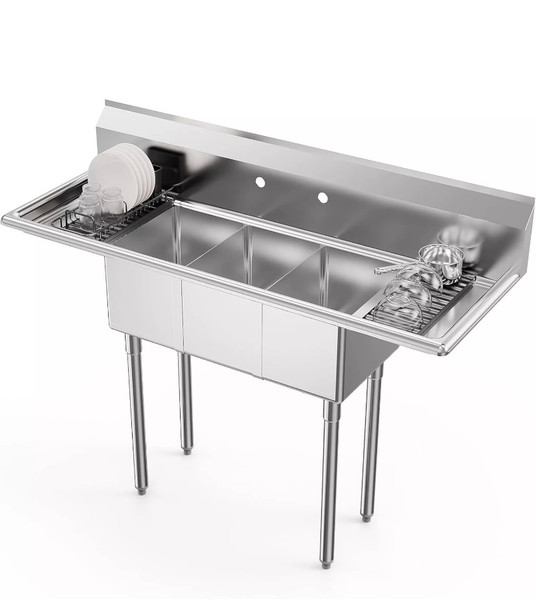 Commercial Stainless Sink, Food truck or small area 3 bays 48" W x 20" D