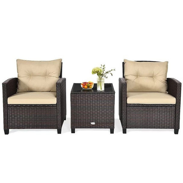 Gymax 3 PCS Outdoor Patio Rattan Conversation Set w/ Cushion Coffee Table