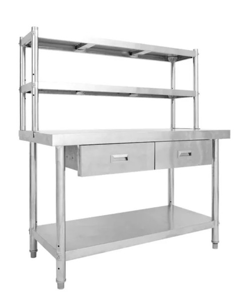 48" x 30" stainless steel prep table with 2 drawers and upper shelving