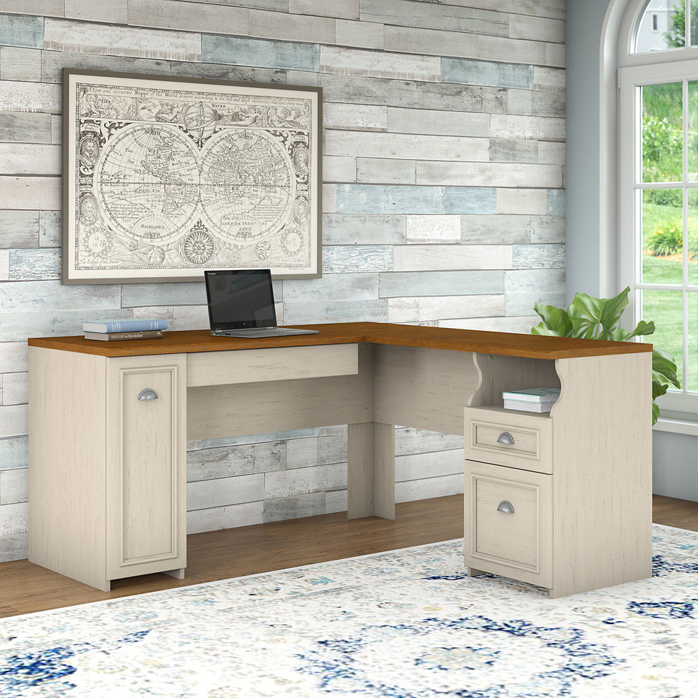 Bush Fairview L Shaped Desk Antique White WC53230-03K Free Shipping!