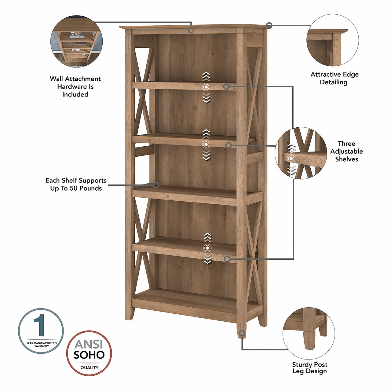Bush Key West Tall 5 Shelf Bookcase Reclaimed Pine KWB132RCP-03