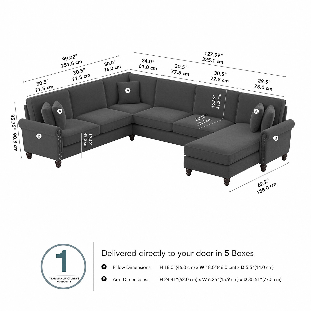 ◆MUCENT◆ Unbalanced slit top charcoal white P00000IR Bush Furniture 128W U Shaped Sectional Couch with Reversible