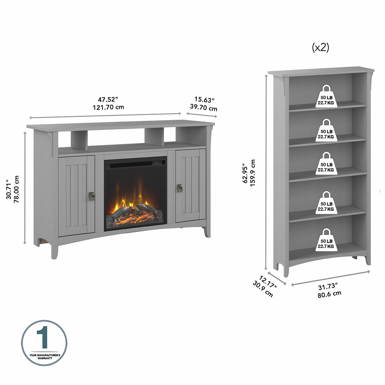 Bush Furniture Salinas Fireplace TV Stand for 55 Inch TV with 5 Shelf  Bookcases in Cape Cod Gray On Sale Free Shipping!