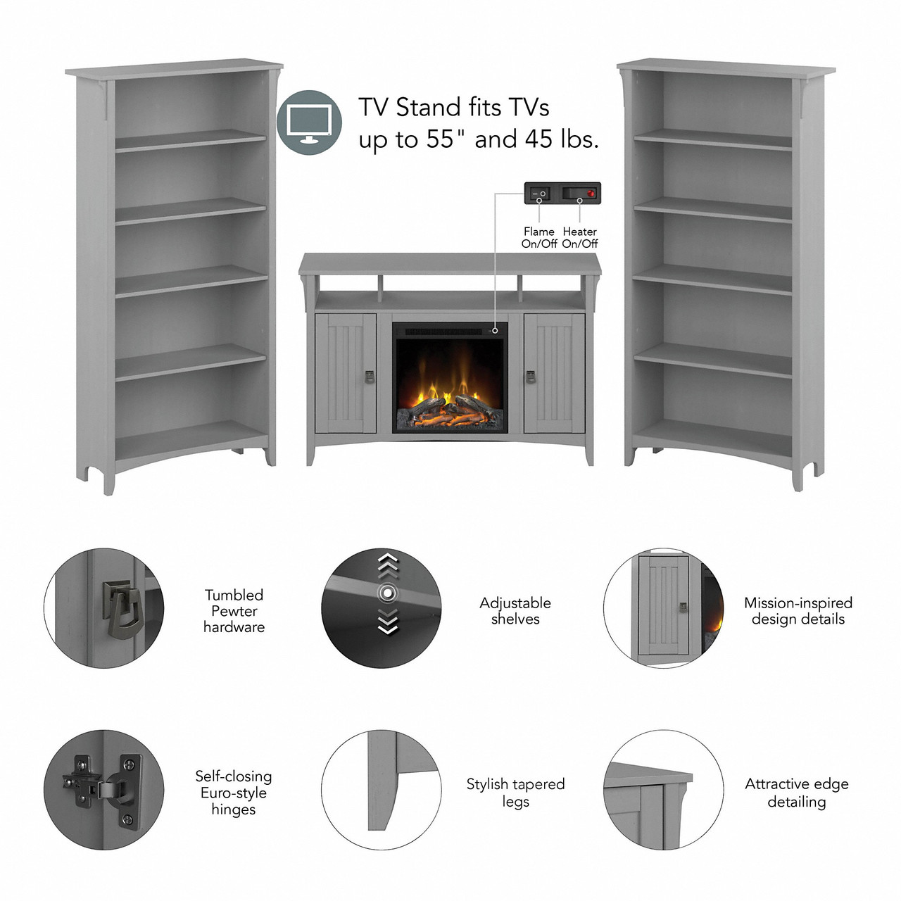 Bush Furniture Salinas Fireplace TV Stand for 55 Inch TV with 5 Shelf  Bookcases in Cape Cod Gray On Sale Free Shipping!