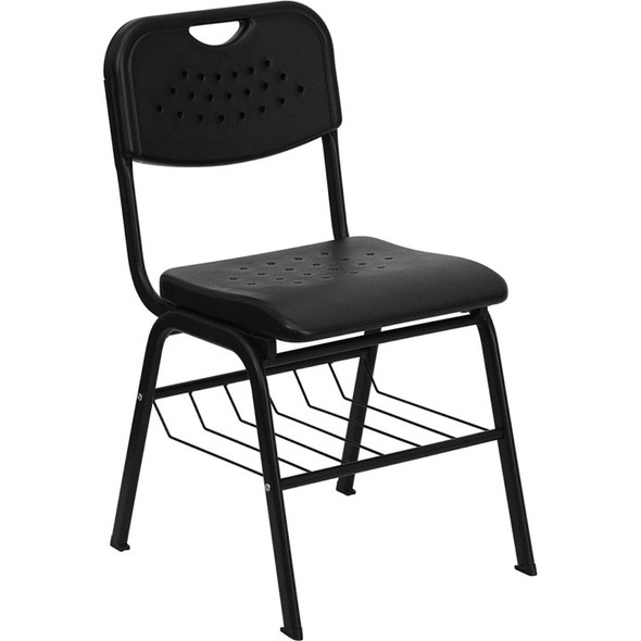 Flash Furniture HERCULES Series Plastic Stack Chair Black with Basket - RUT-GK01-BK-BAS-GG