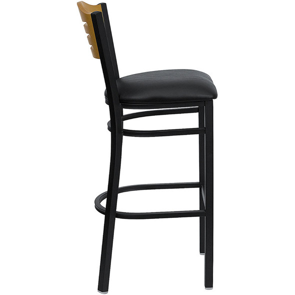 Flash Furniture Slat Back Metal Restaurant Barstool with Black Vinyl Seat and Natural Wood Back - XU-DG-6H3B-SLAT-BAR-BLKV-GG