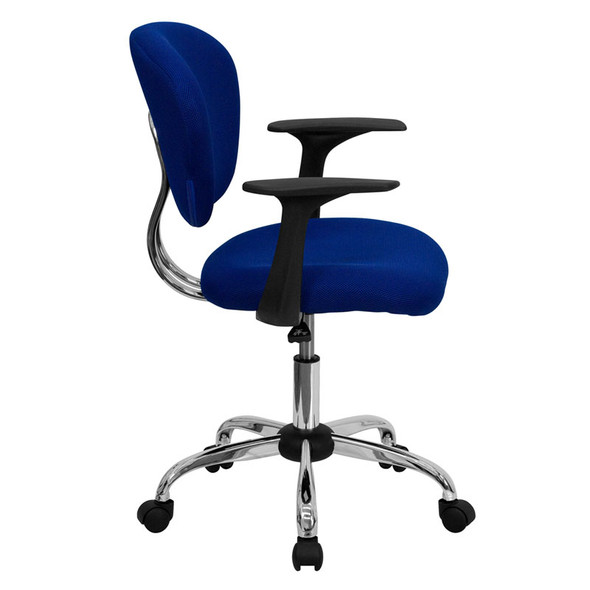 Flash Furniture Mid-Back Blue Mesh Task Chair with Arms and Chrome Base- H-2376-F-BLUE-ARMS-GG