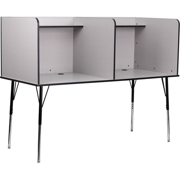 Flash Furniture Double Wide Study Carrel with Adjustable Legs and Top Shelf in Gray Finish - MT-M6222-GRY-DBL-GG