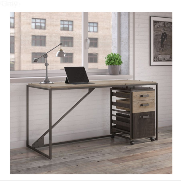 Bush Refinery 62"W Industrial Desk with 3-Drawer File Cabinet - RFY005RG