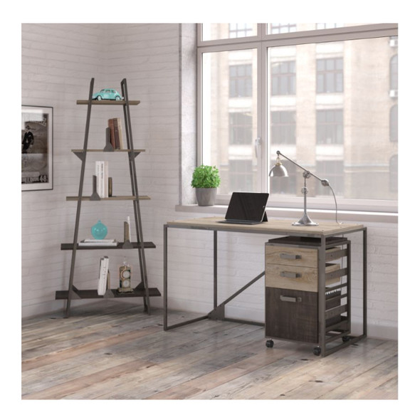 Bush Refinery 50"W Industrial Desk with A Frame Bookshelf and Mobile File Cabinet-  RFY008RG