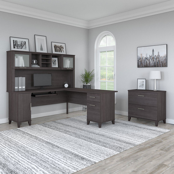 Bush Furniture Somerset 72W L Shaped Desk w Hutch and Lateral File Cabinet Storm Gray - SET009SG