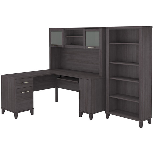 Bush Furniture Somerset 60"W L Shaped Desk with Hutch and Bookcase Storm Gray - SET010SG