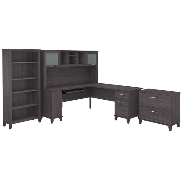 Bush Furniture Somerset 72"W L Shaped Desk with Hutch, Lateral File and Bookcase Storm Gray - SET012SG