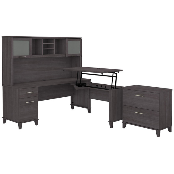 Bush Furniture Somerset 72"W Sit-to-Stand 3-Position L-Shaped Desk with Lateral File and Hutch Storm Gray - SET016SG