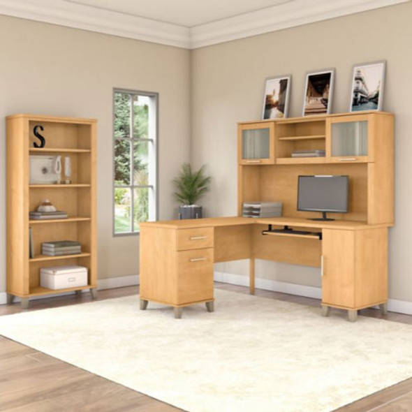 Bush Furniture Somerset 60"W L Shaped Desk with Hutch and Bookcase Maple Cross - SET010MC