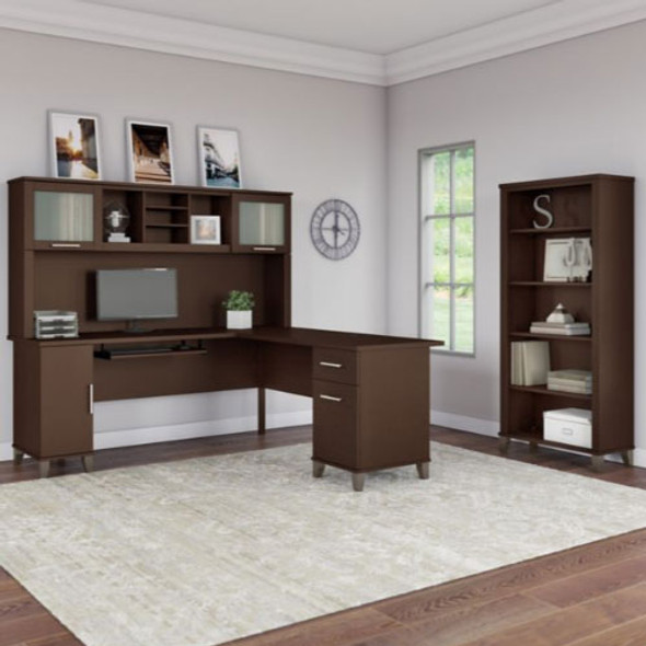 Bush Furniture Somerset 72"W L Shaped Desk with Hutch and Bookcase Mocha Cherry - SET011MR