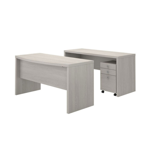 Bush Echo Bow Front Desk w Credenza and 3-Drawer Mobile Ped 60" - ECH010GS