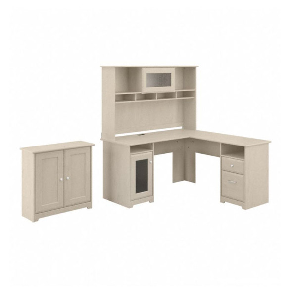 Bush Furniture Cabot Collection 60W L Shaped Computer Desk with Hutch and Small Storage Cabinet Linen White Oak - CAB016LW