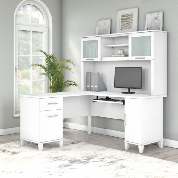 Bush Furniture Somerset 60W L Shaped Desk with Hutch White -  SET002WH