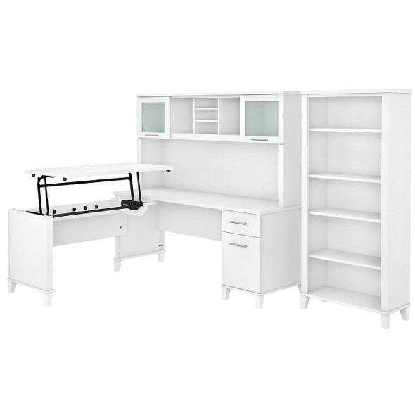 Bush Furniture Somerset 72"W Sit-to-Stand 3-Position L-Shaped Desk with Bookcase and Hutch White - SET017WH