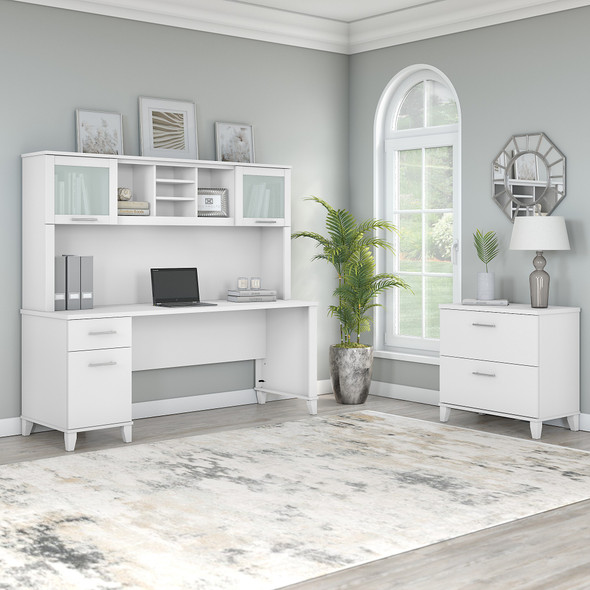 Bush Furniture Somerset 72"W Desk with Hutch and Lateral File White - SET019WH