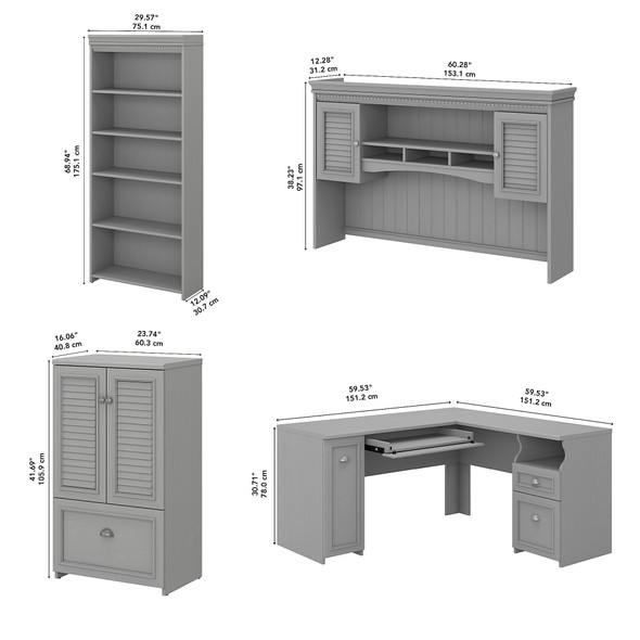 Bush Furniture Fairview 60W L Shaped Desk with Hutch, 5 Shelf Bookcase and Storage Cape Cod Gray - FV011CG