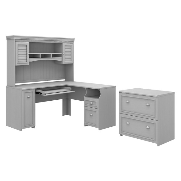 Bush Furniture Fairview L Shaped Desk w Hutch and Lateral File Cabinet Cape Cod Gray - FV003CG