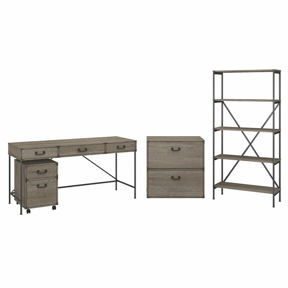 Bush Furniture Ironworks 60W Writing Desk with File Cabinets, 5-Shelf Bookcase Restored Gray - IW036RTG