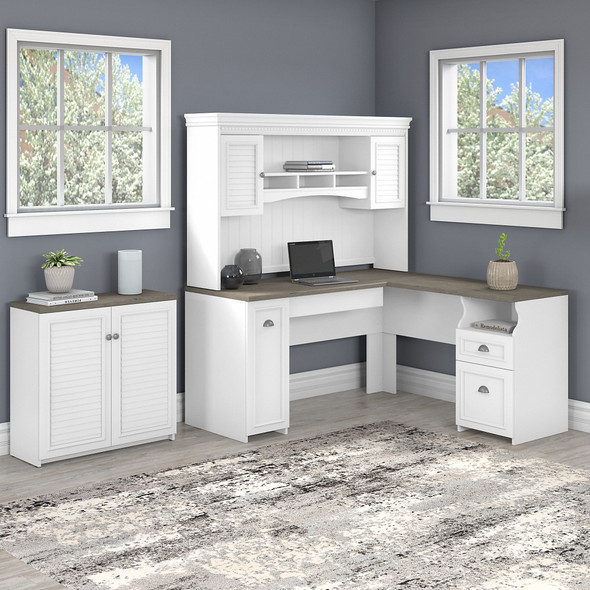 Bush Furniture Fairview 60W L Shaped Desk with Hutch and Storage Cabinet in Pure White and Shiplap Gray - FV012G2W