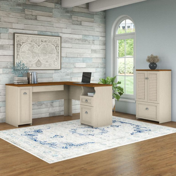 Bush Furniture Fairview 60W L Shaped Desk and 2 Door Storage Cabinet with File Drawer Cape Antique White - FV009AW