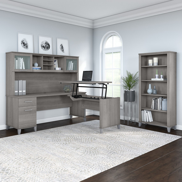 Bush Furniture Somerset 72W 3 Position Sit to Stand L Shaped Desk with Hutch and Bookcase in Platinum Gray - SET017PG