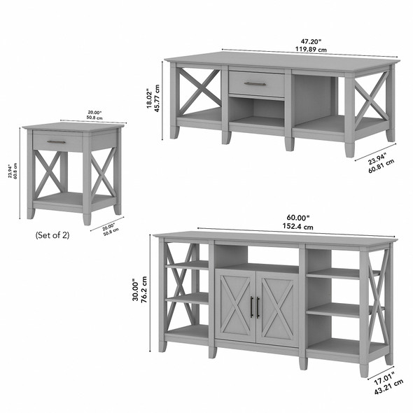 Bush Furniture Key West Tall TV Stand with Coffee Table and Set of 2 End Table Cape Cod Gray- KWS025CG