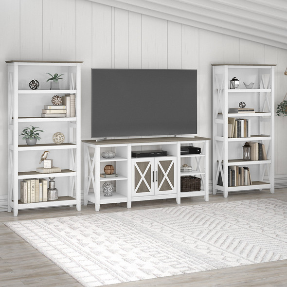 Bush Furniture Key West Tall TV Stand with a Set of 2 Bookcases Shiplap Gray/Pure White - KWS027G2W