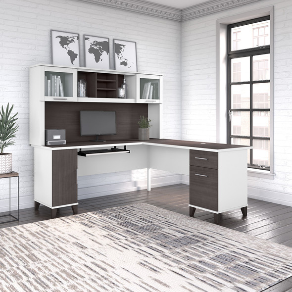 Bush Furniture Somerset 72W L Shaped Desk with Hutch in White and Storm Gray - SET001SGWH