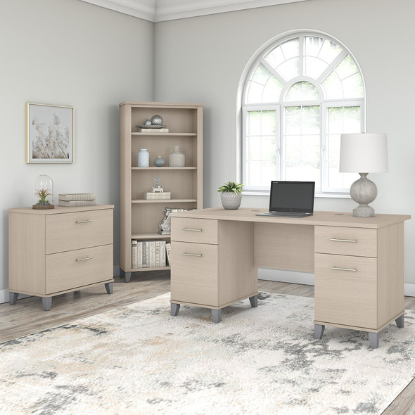 Bush Furniture Somerset 60W Office Desk with Lateral File Cabinet and 5 Shelf Bookcase in Sand Oak - SET013SO