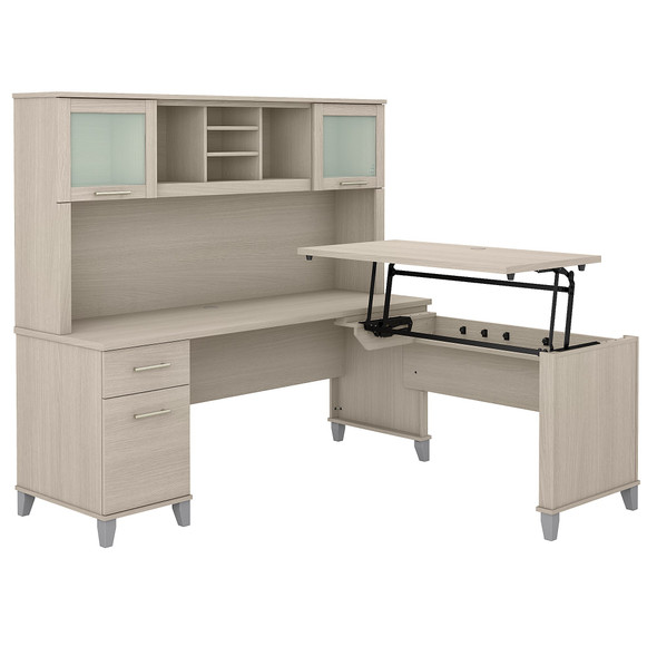 Bush Furniture Somerset 72W 3 Position Sit to Stand L Shaped Desk with Hutch in Sand Oak - SET015SO