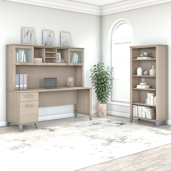 Bush Furniture Somerset 72W Office Desk with Hutch and 5 Shelf Bookcase in Sand Oak - SET020SO