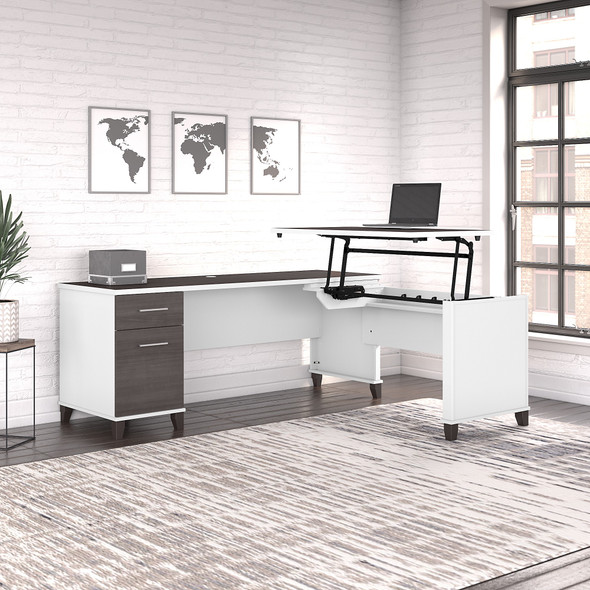 Bush Furniture Somerset 72W 3 Position Sit to Stand L Shaped Desk in White and Storm Gray - SET014SGWH