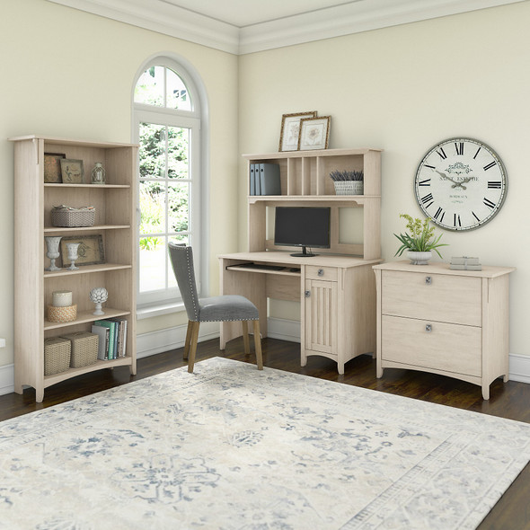 Bush Furniture Salinas Mission Desk with Hutch, Lateral File Cabinet and 5 Shelf Bookcase in Antique White - SAL002AW