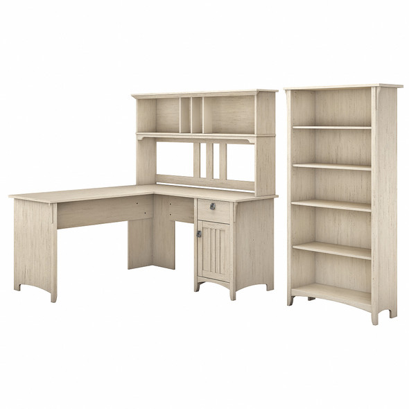 Bush Furniture Salinas 60W L Shaped Desk with Hutch and 5 Shelf Bookcase in Antique White - SAL006AW