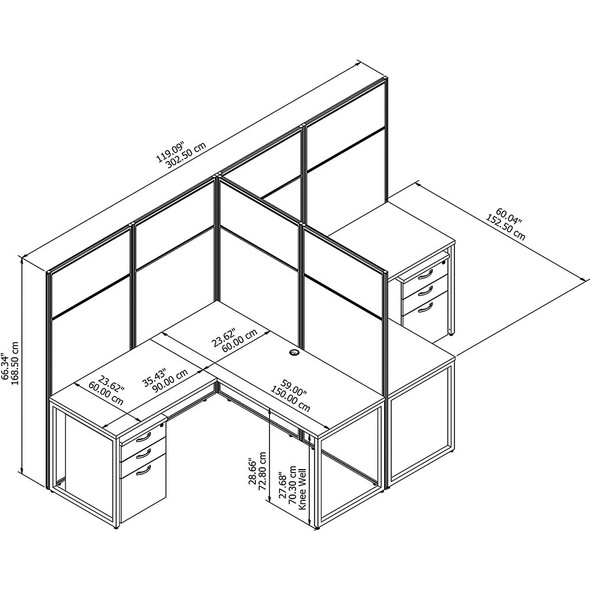 Bush Business Furniture Easy Office 60W 2 Person L Desk with 66H Cubicle Panel and Drawer Pure White - EODH56SWH-03K