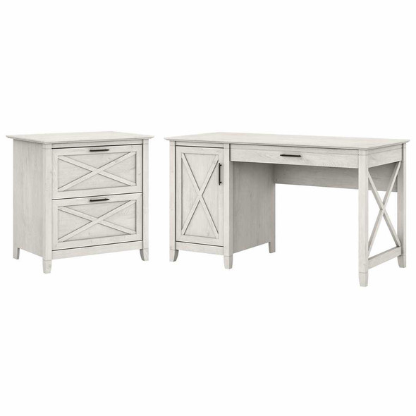 Bush Key West 54W Computer Desk with Storage and 2 Drawer Lateral File Cabinet Linen White Oak - KWS008LW
